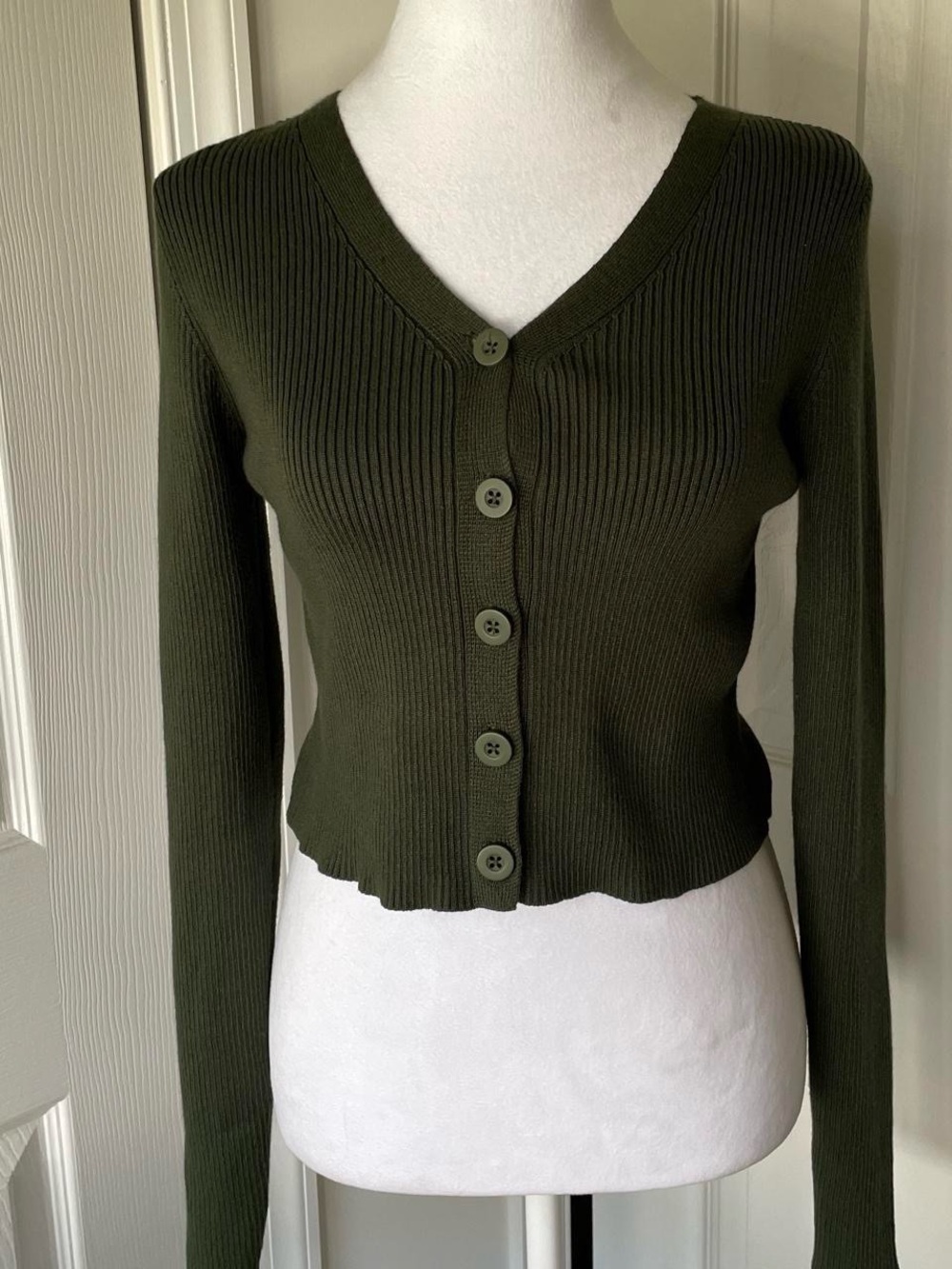 Fashion Nova Olive Green Ribbed V-Neck Button Cardigan